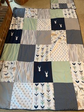 Sweet Jojo Patchwork Deer Print Kids Comforter/Pillowcase, Navy/Gray/Mint, 60x84